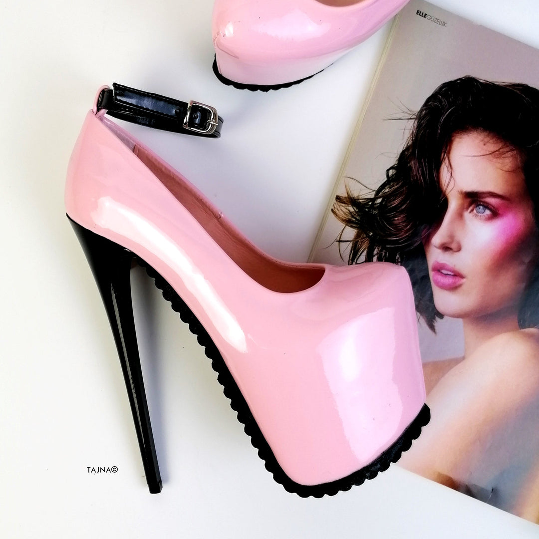 Light Pink Ankle Strap Serrated Sole Heels - Tajna Club