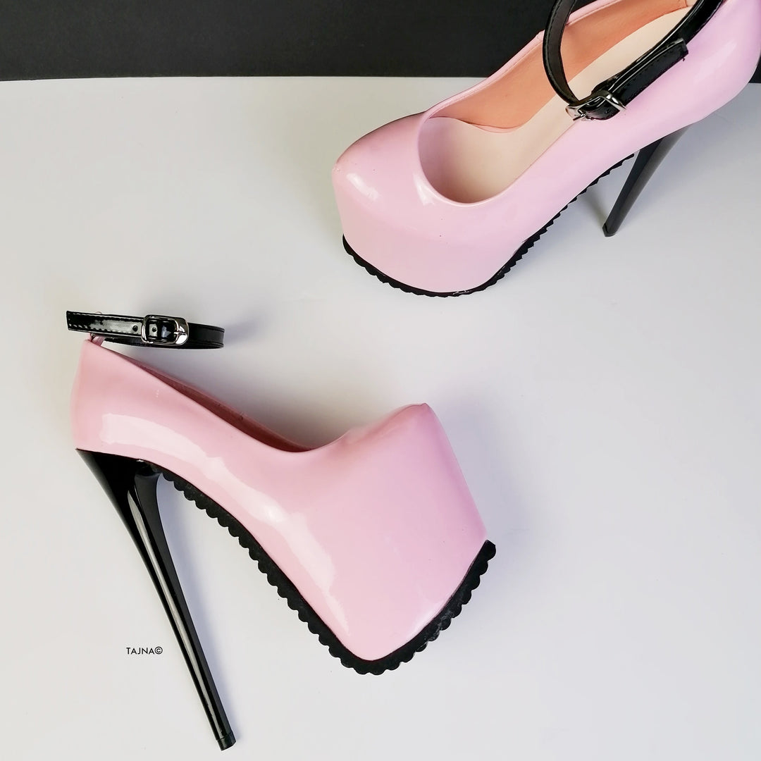 Light Pink Ankle Strap Serrated Sole Heels - Tajna Club