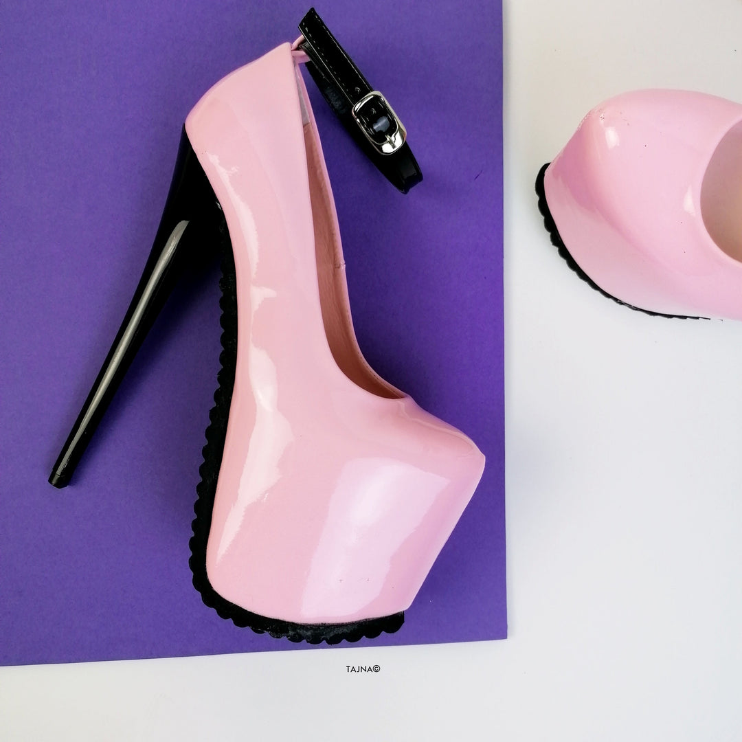 Light Pink Ankle Strap Serrated Sole Heels - Tajna Club