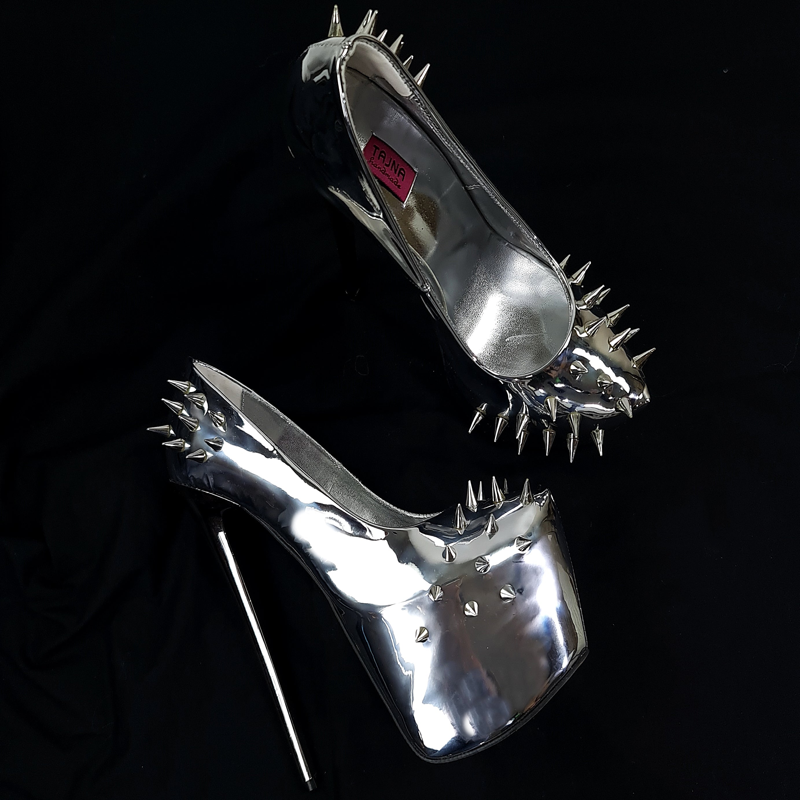 Silver Mirror Spike Studded Fetish Heels Tajna Club