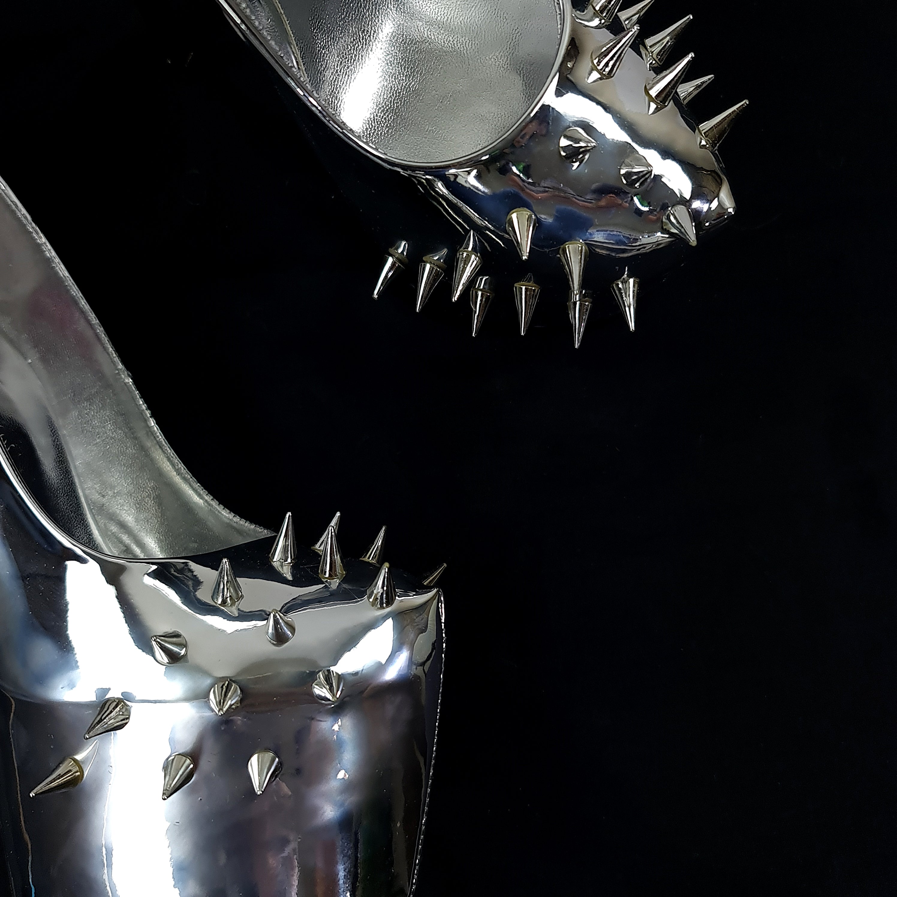 Silver Mirror Spike Studded Fetish Heels Tajna Club