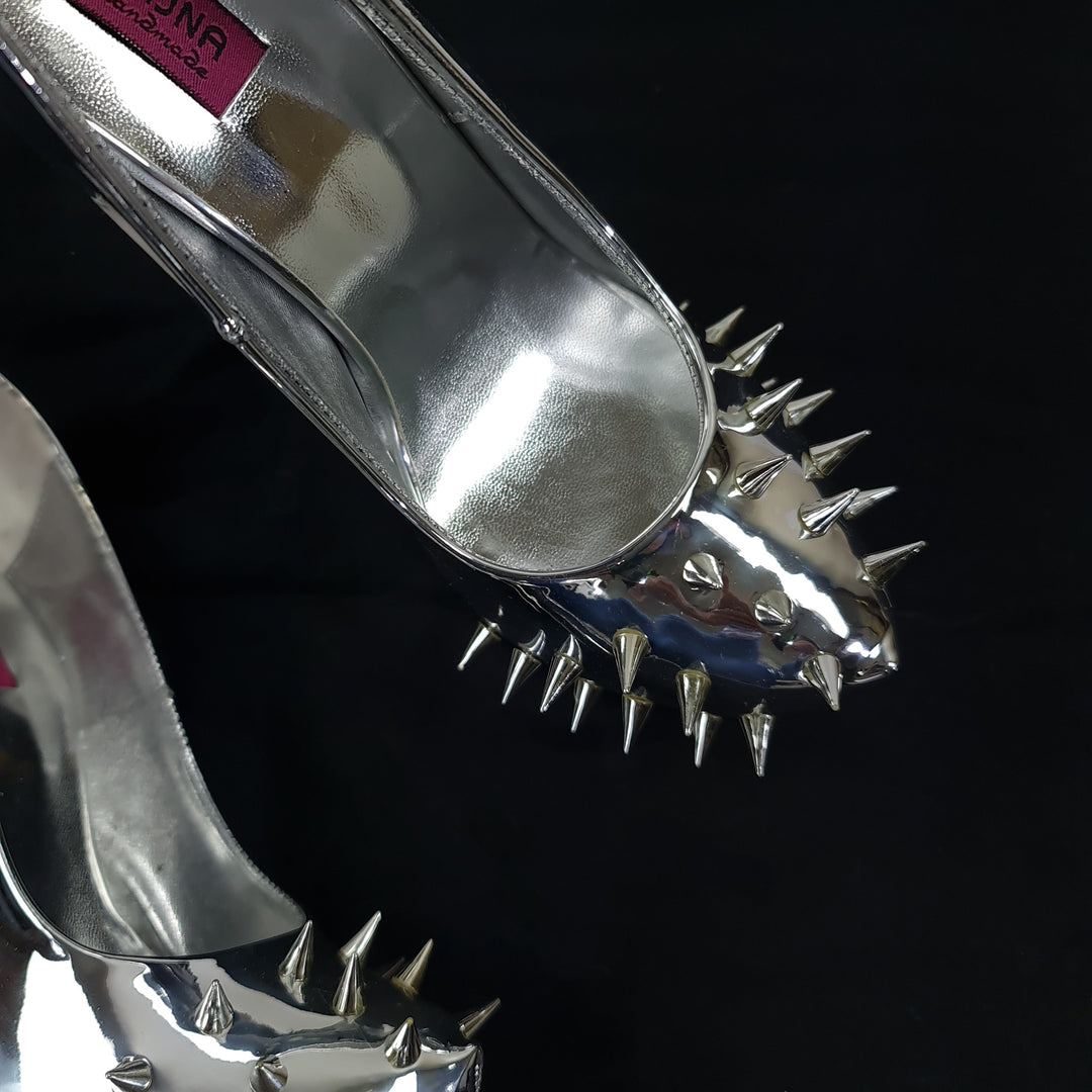 Silver Mirror Spike Studded Fetish Heels Tajna Club