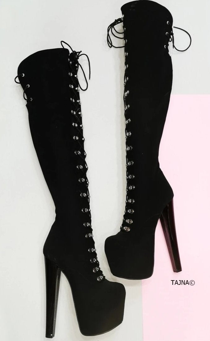 Black Suede Military Style Chunky Heel Boots - Tajna Club