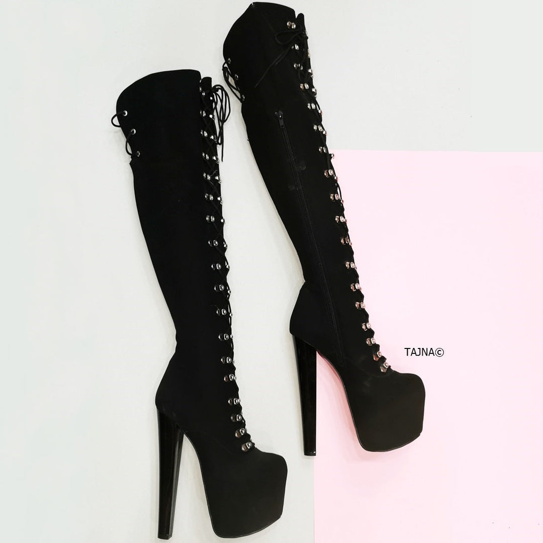 Black Suede Military Style Chunky Heel Boots - Tajna Club