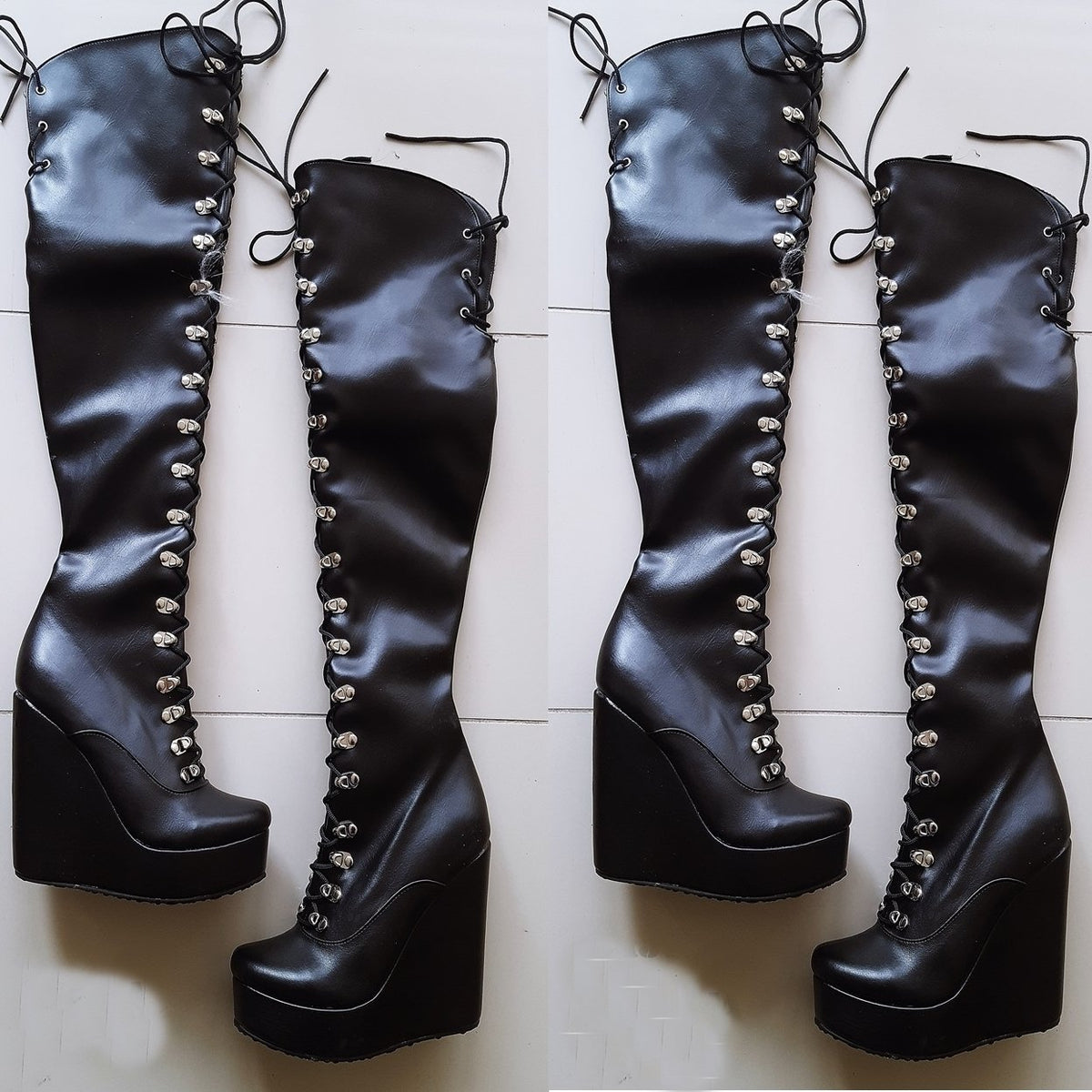 Lace up wedge boots knee high store