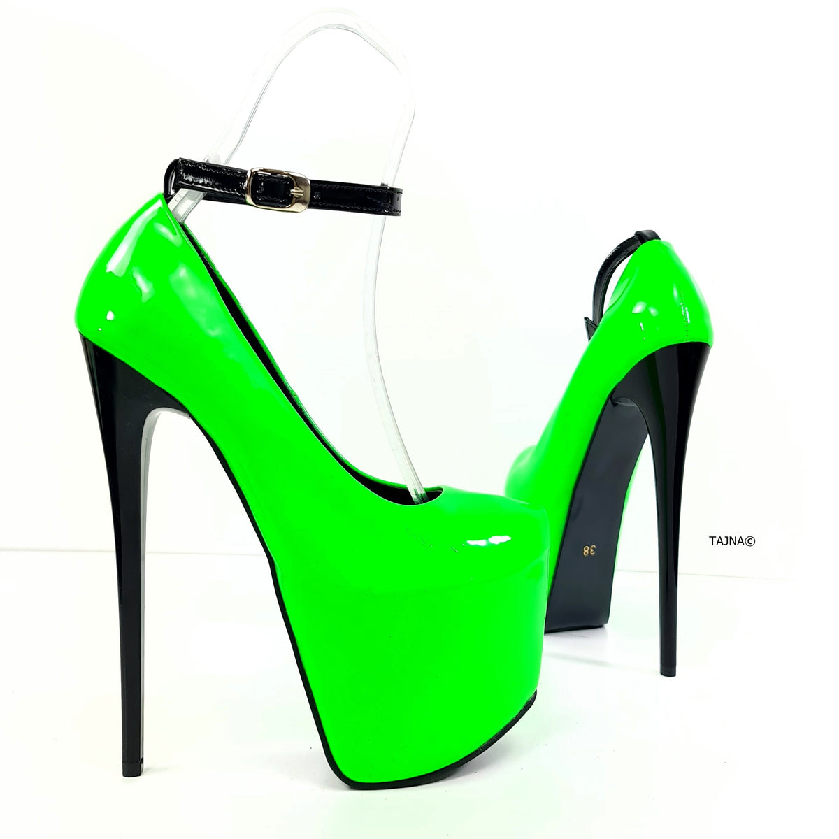 Neon Green Black Gloss Ankle Strap Heels - Main Image