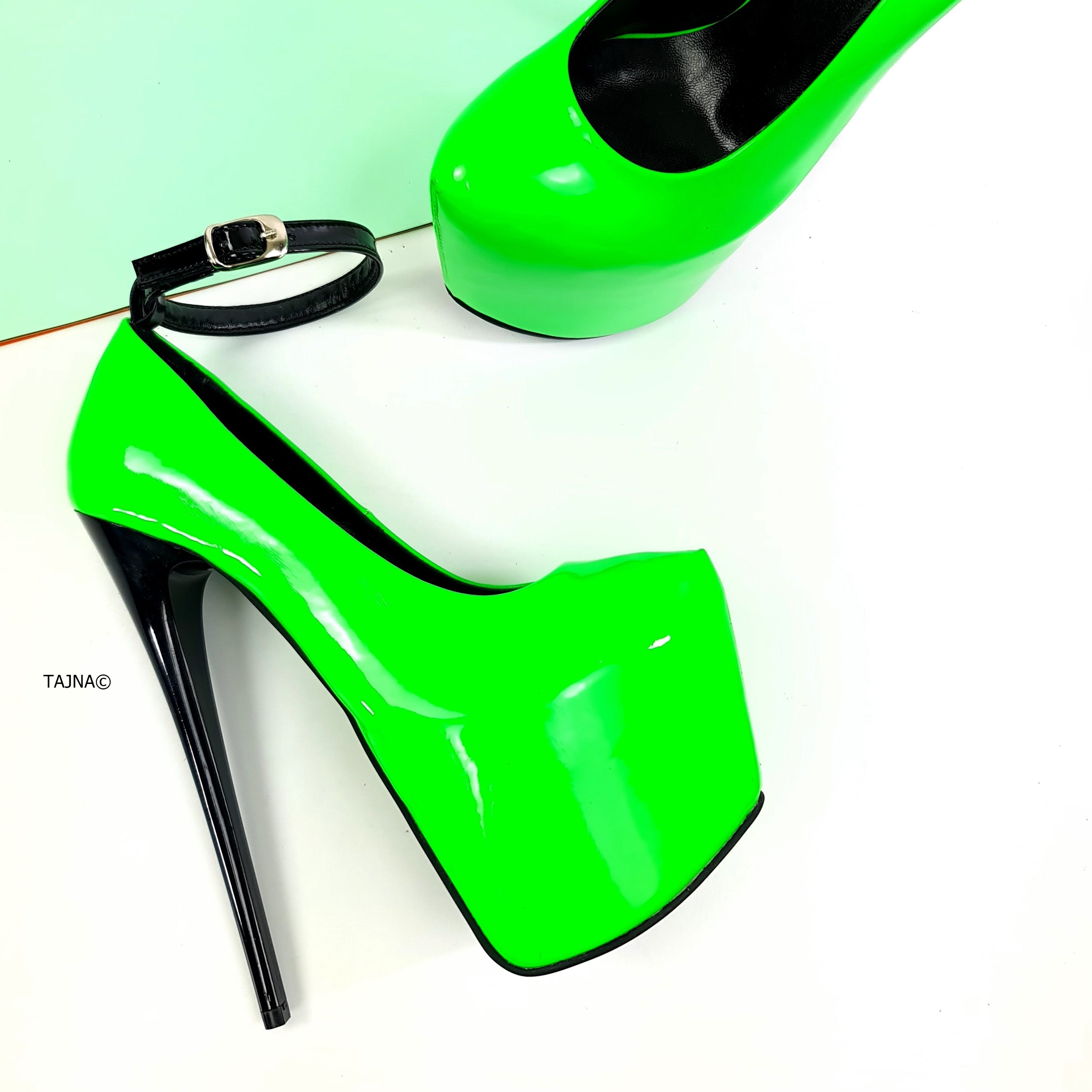 Neon Green Black Gloss Ankle Strap Heels