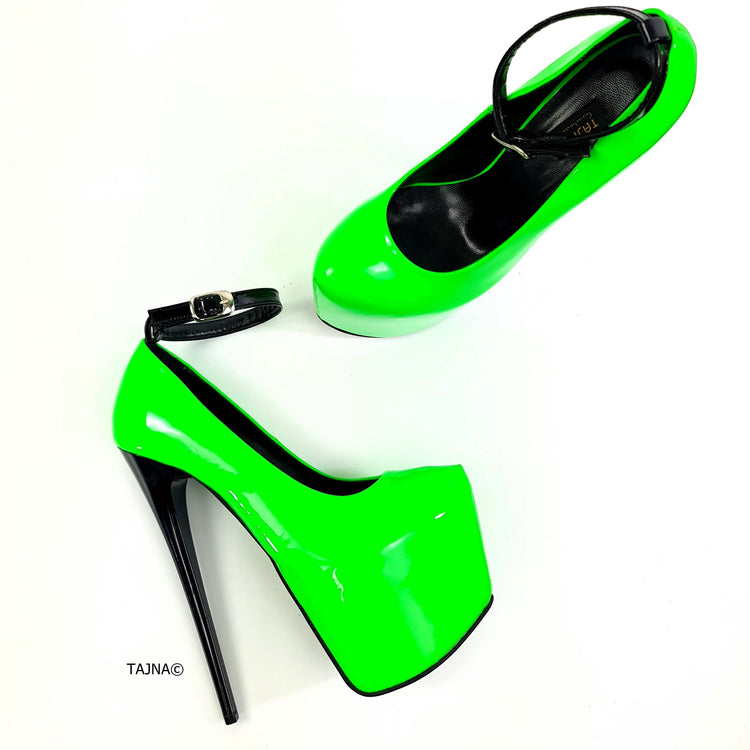 Neon Green Black Gloss Ankle Strap Heels