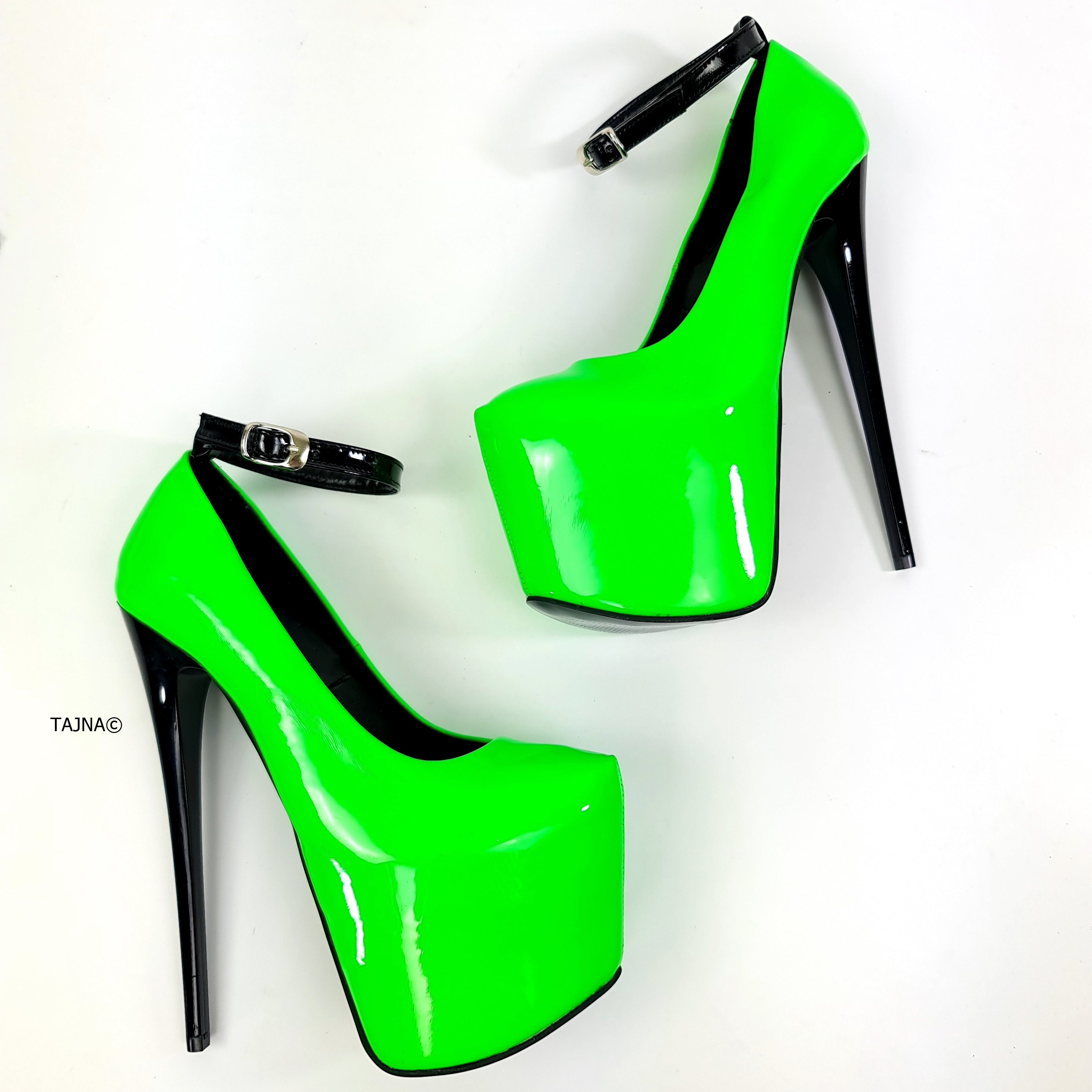 Neon Green Black Gloss Ankle Strap Heels