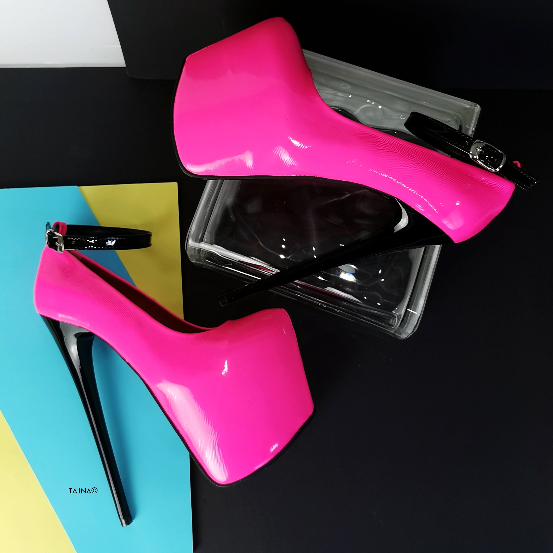 Neon Pink Ankle Strap High Heels - Tajna Club