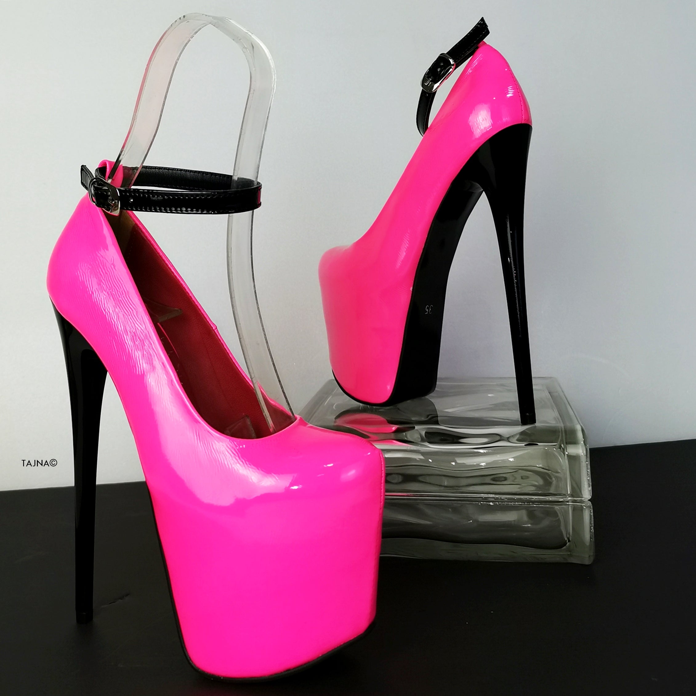 Neon Pink Ankle Strap High Heels - Tajna Club