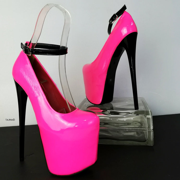 Neon Pink Ankle Strap High Heels - Tajna Club