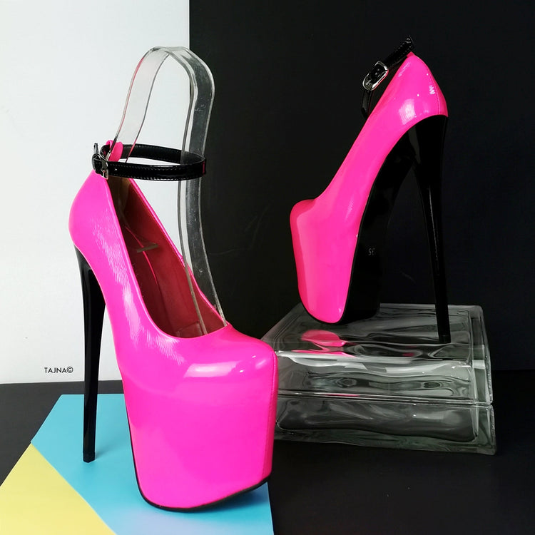 Neon Pink Ankle Strap High Heels - Tajna Club