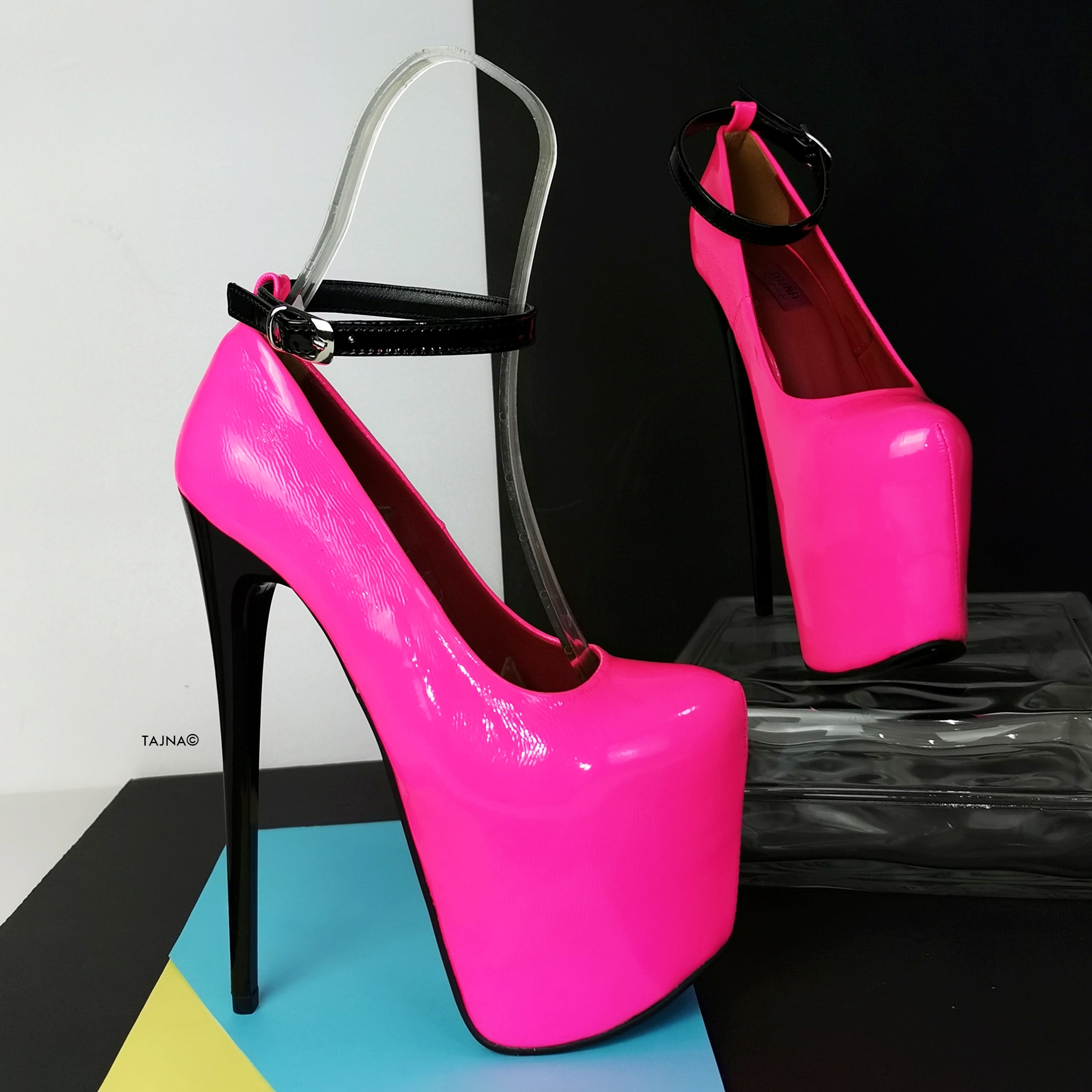 Neon Pink Ankle Strap High Heels - Tajna Club
