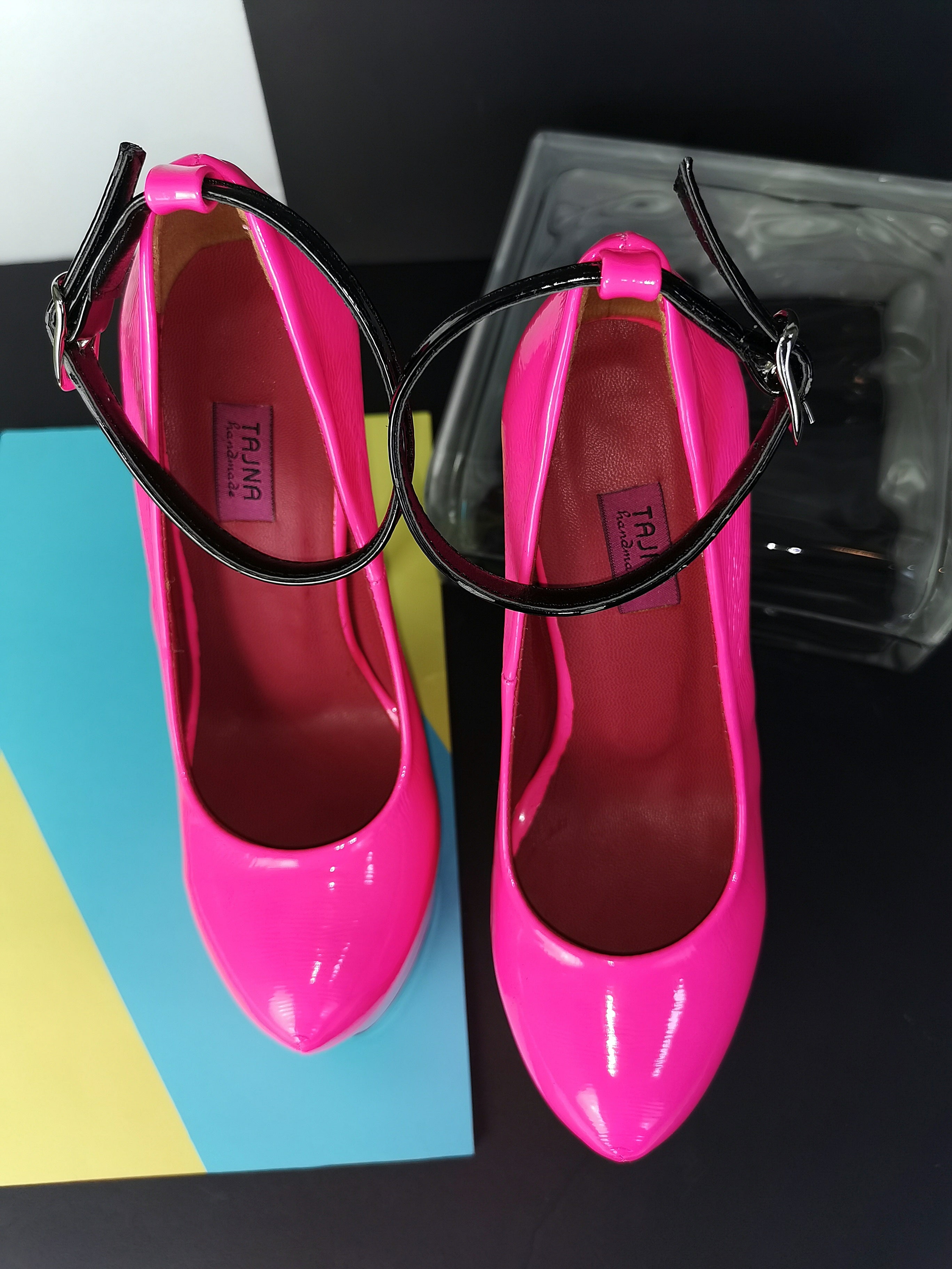 Neon Pink Ankle Strap High Heels - Tajna Club