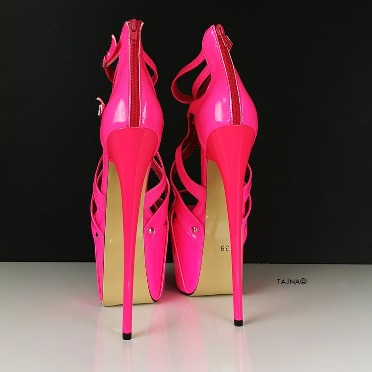 Neon Pink Patent Cage Platform Heels - Tajna Club