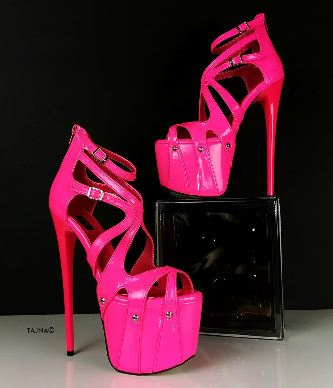 Neon Pink Patent Cage Platform Heels - Tajna Club