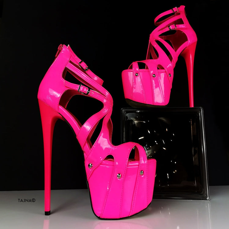Neon Pink Patent Cage Platform Heels - Tajna Club