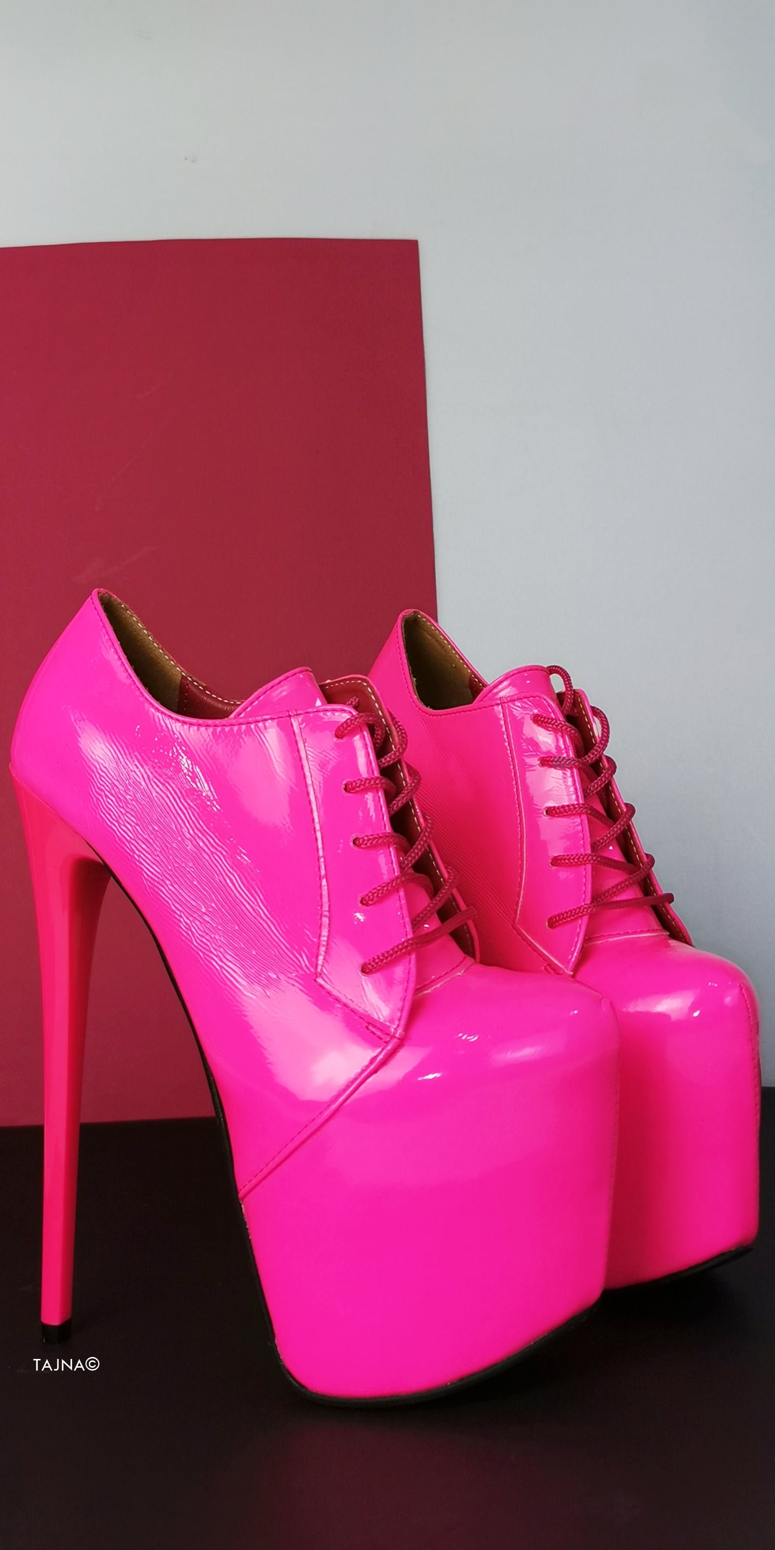 Neon Pink Lac Oxford Ankle High Heels - Tajna Club