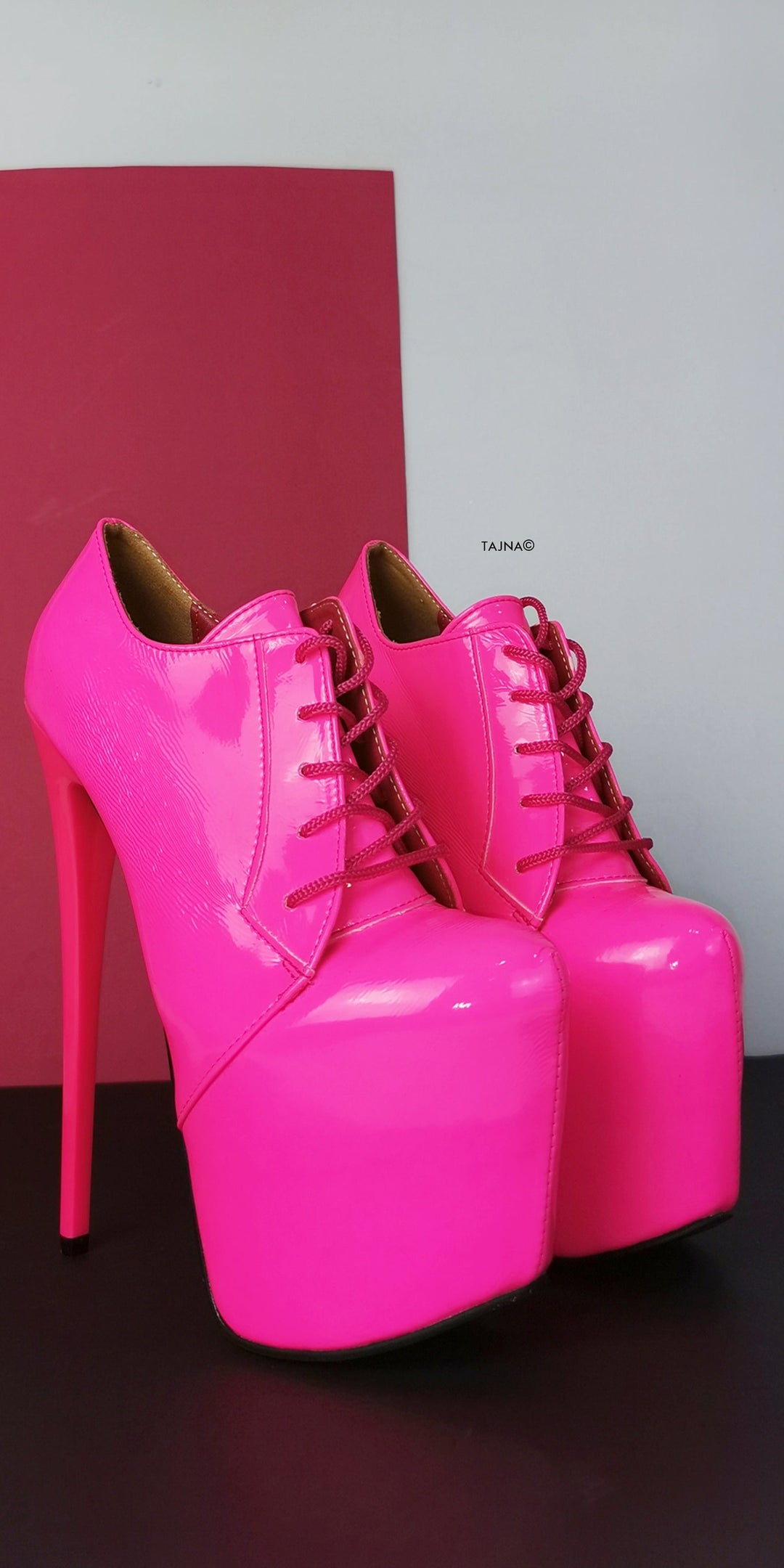 Neon Pink Lac Oxford Ankle High Heels - Tajna Club