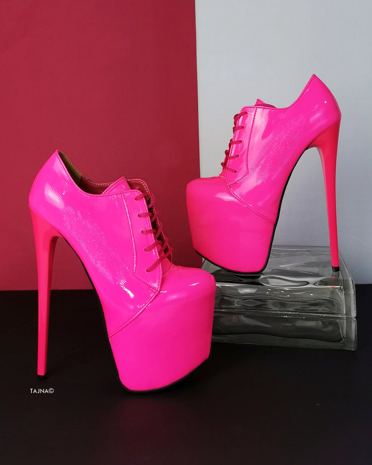 Neon Pink Lac Oxford Ankle High Heels - Tajna Club