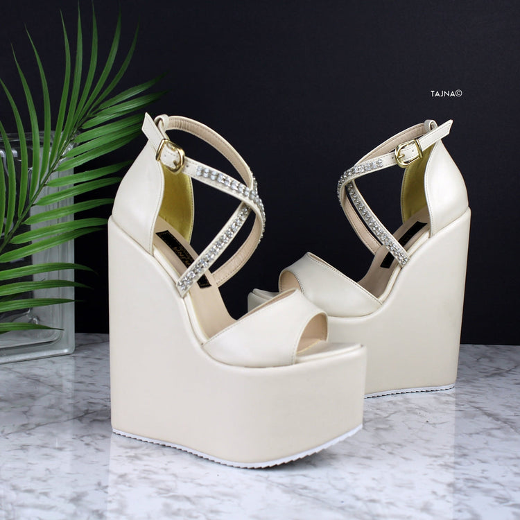 Cream Nude Gemstone Strap Bridal Wedges - Tajna Club