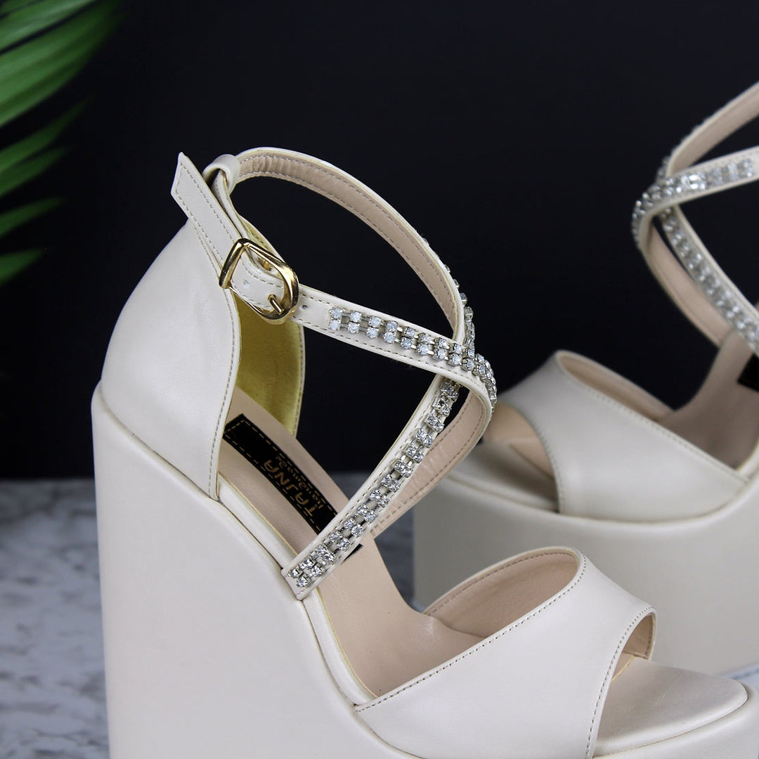 Cream Nude Gemstone Strap Bridal Wedges - Tajna Club