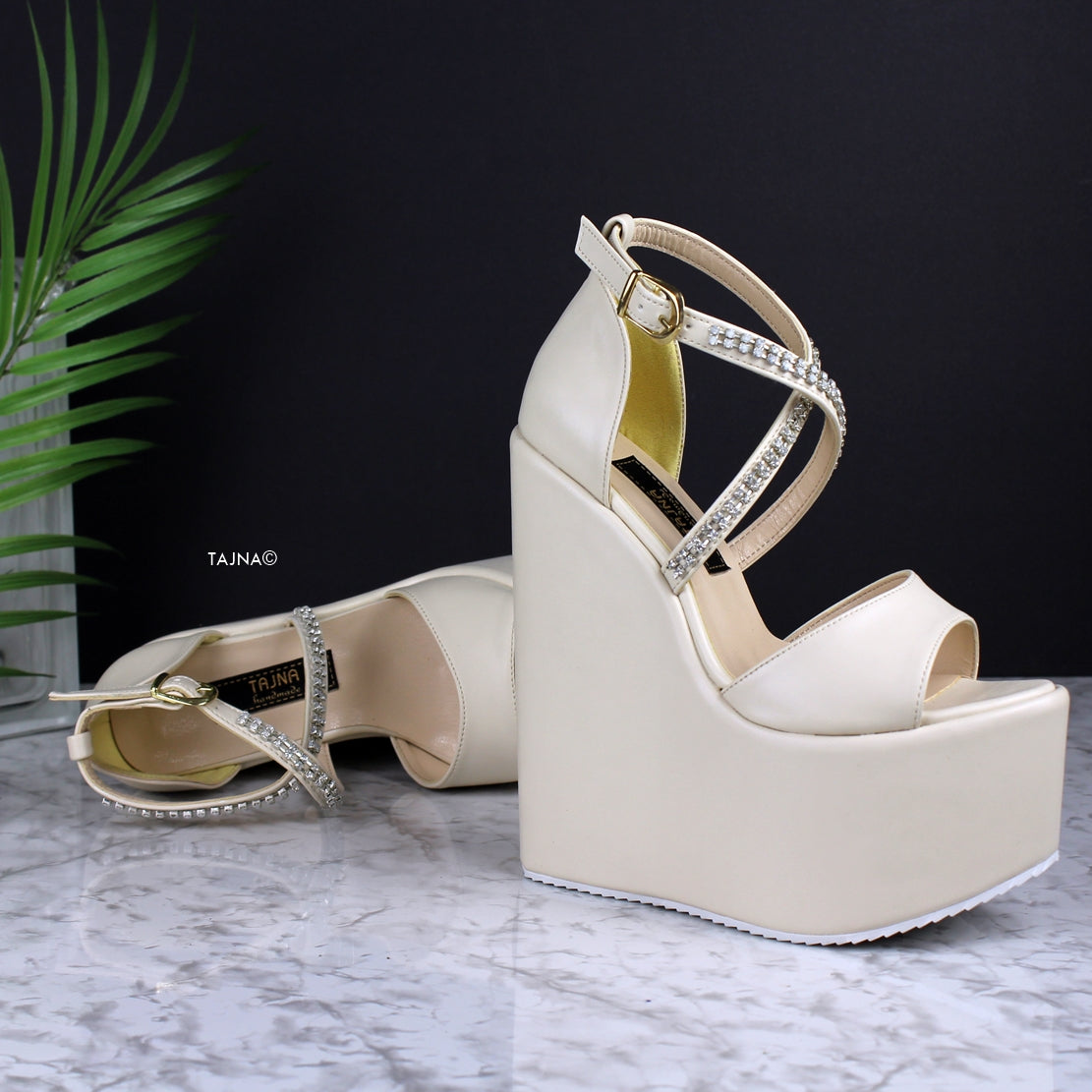Cream Nude Gemstone Strap Bridal Wedges - Tajna Club