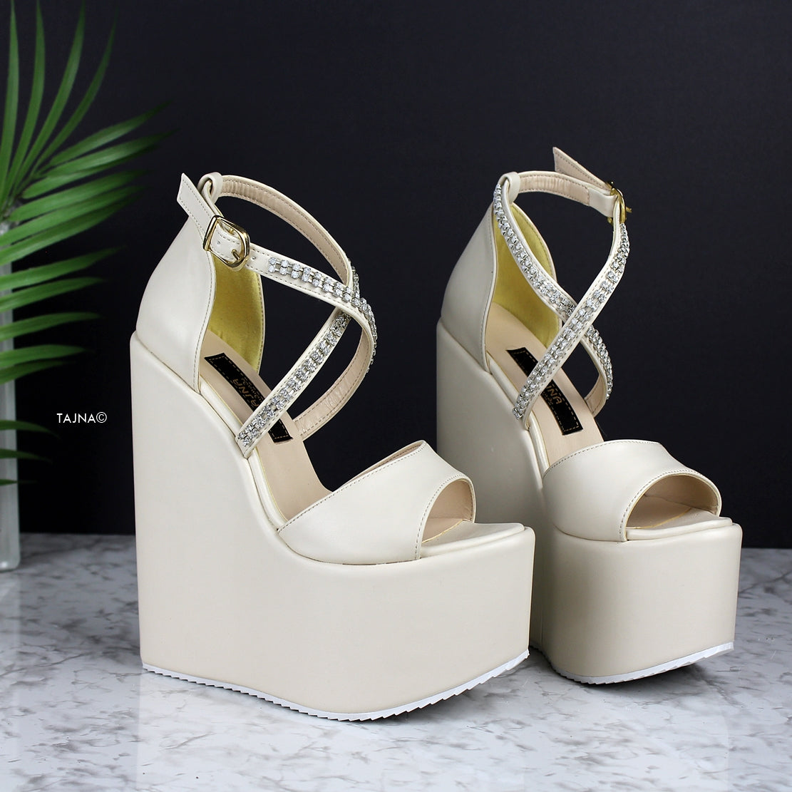 Cream Nude Gemstone Strap Bridal Wedges - Tajna Club