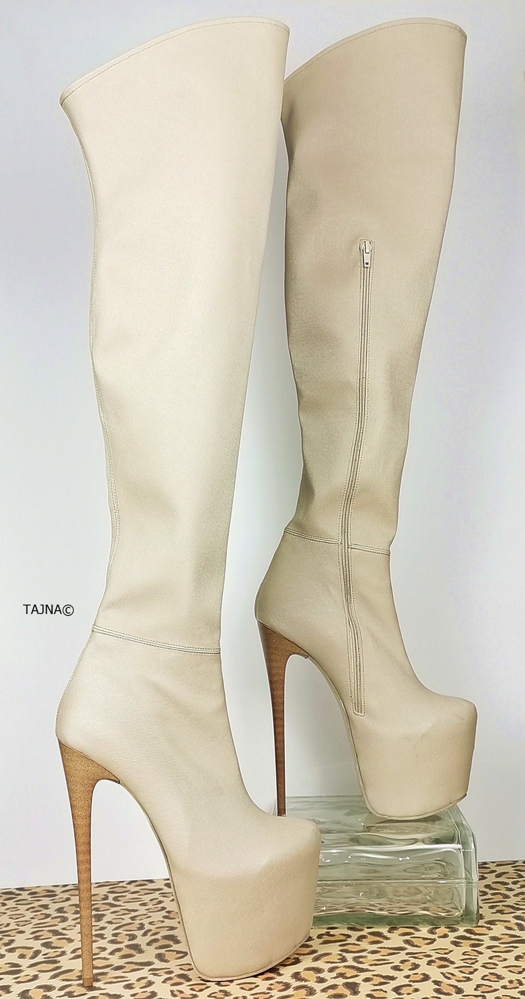 Cream Nude Thigh High Platform Boots - Tajna Club