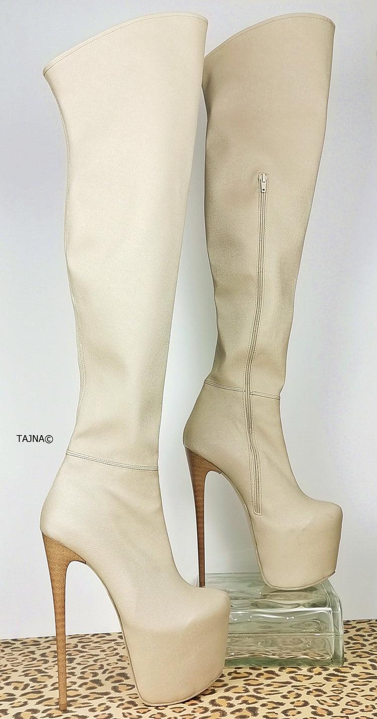 Cream Nude Thigh High Platform Boots - Tajna Club