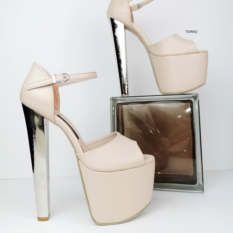 Cream Nude Metallic Platform Heels - Tajna Club