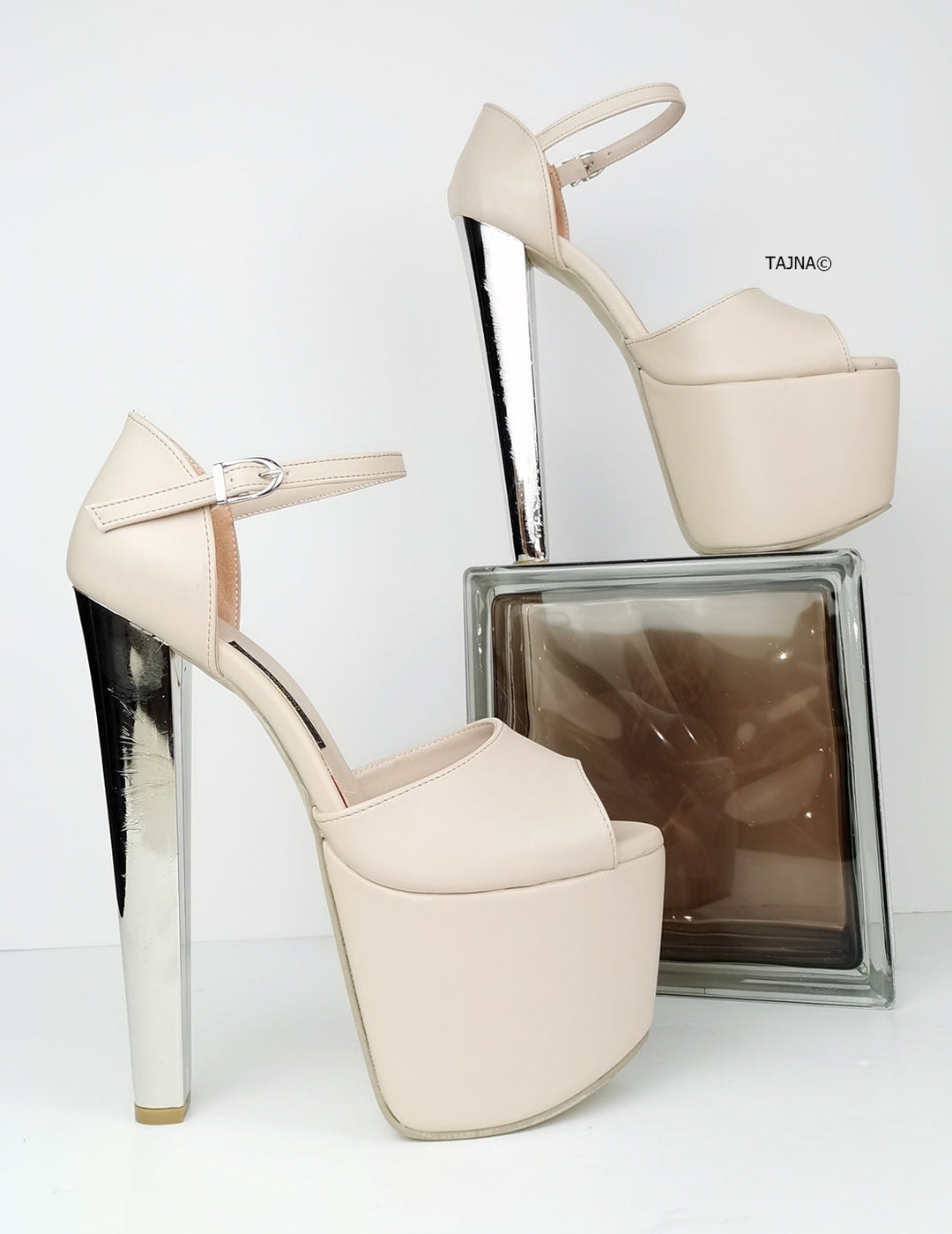 Cream Nude Metallic Platform Heels - Tajna Club