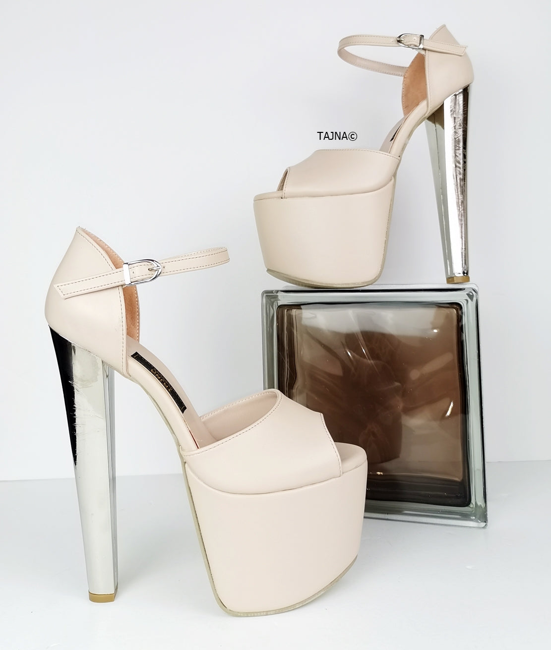 Cream Nude Metallic Platform Heels - Tajna Club