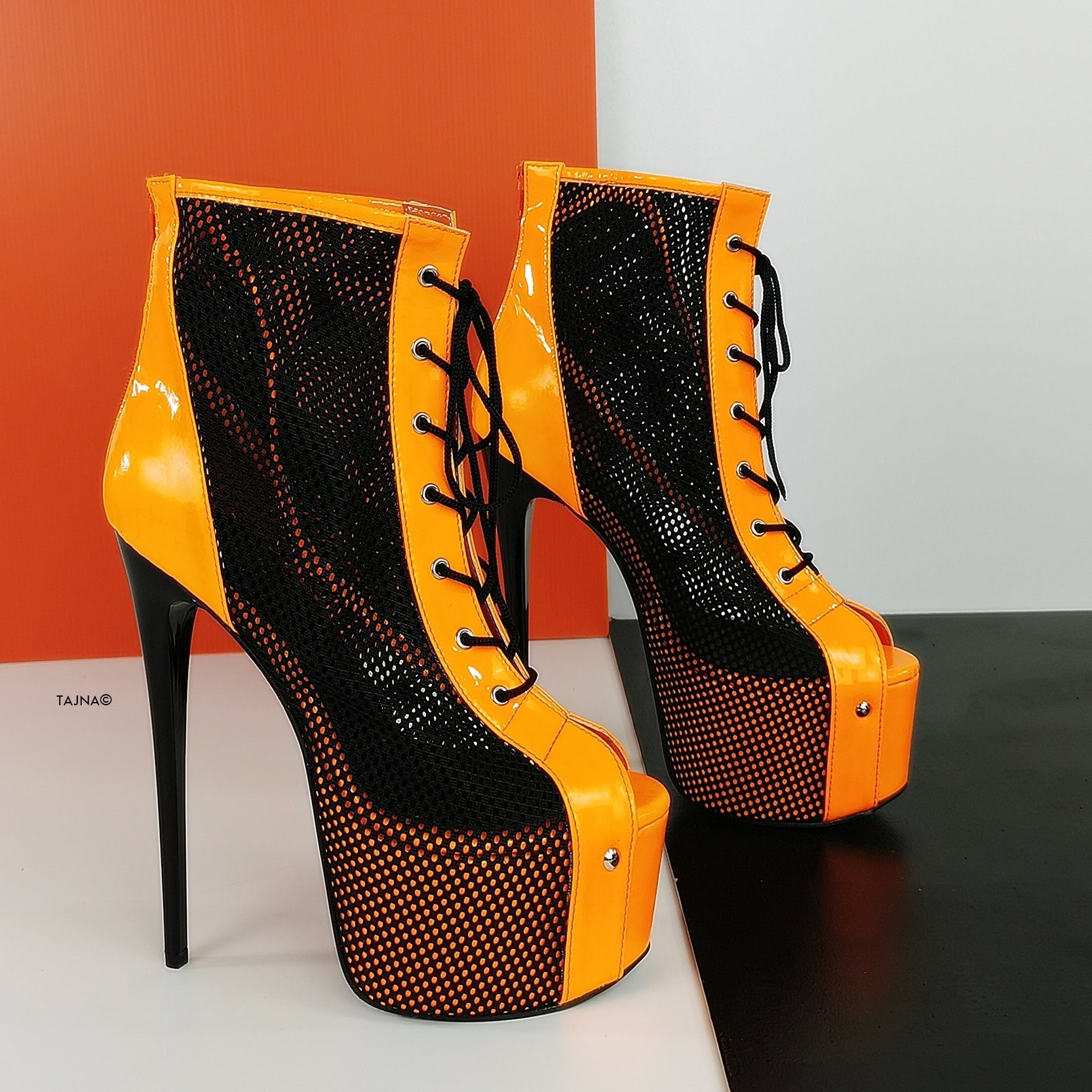 Orange Neon Black Spider Net Lace Up Boots - Tajna Club