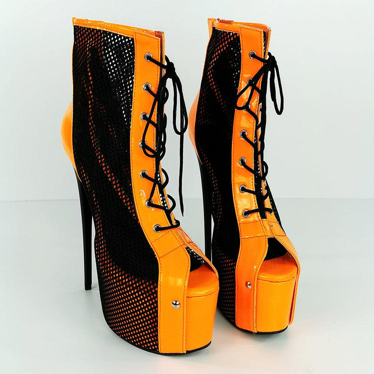 Orange Neon Black Spider Net Lace Up Boots - Tajna Club