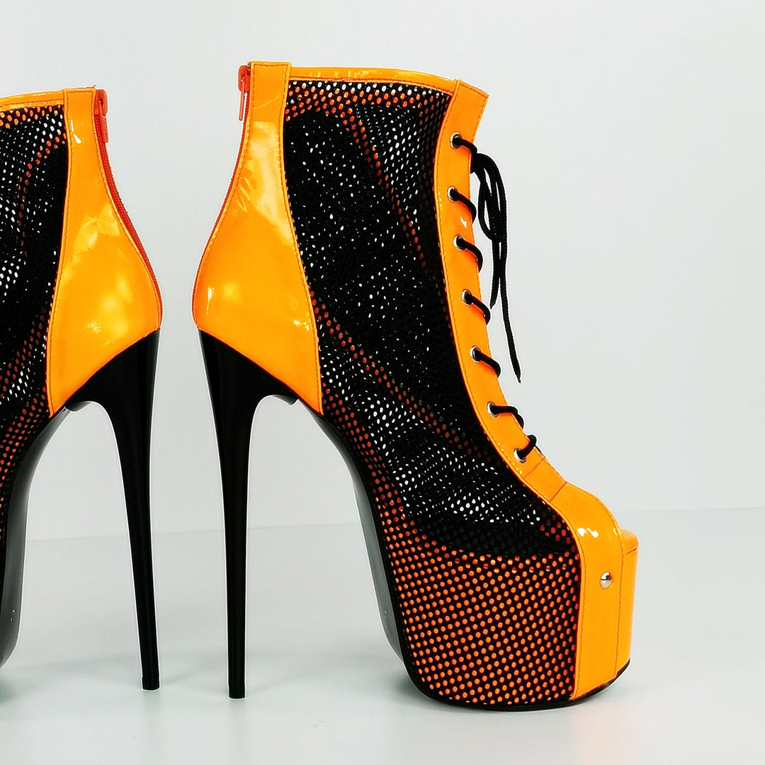 Orange Neon Black Spider Net Lace Up Boots - Tajna Club