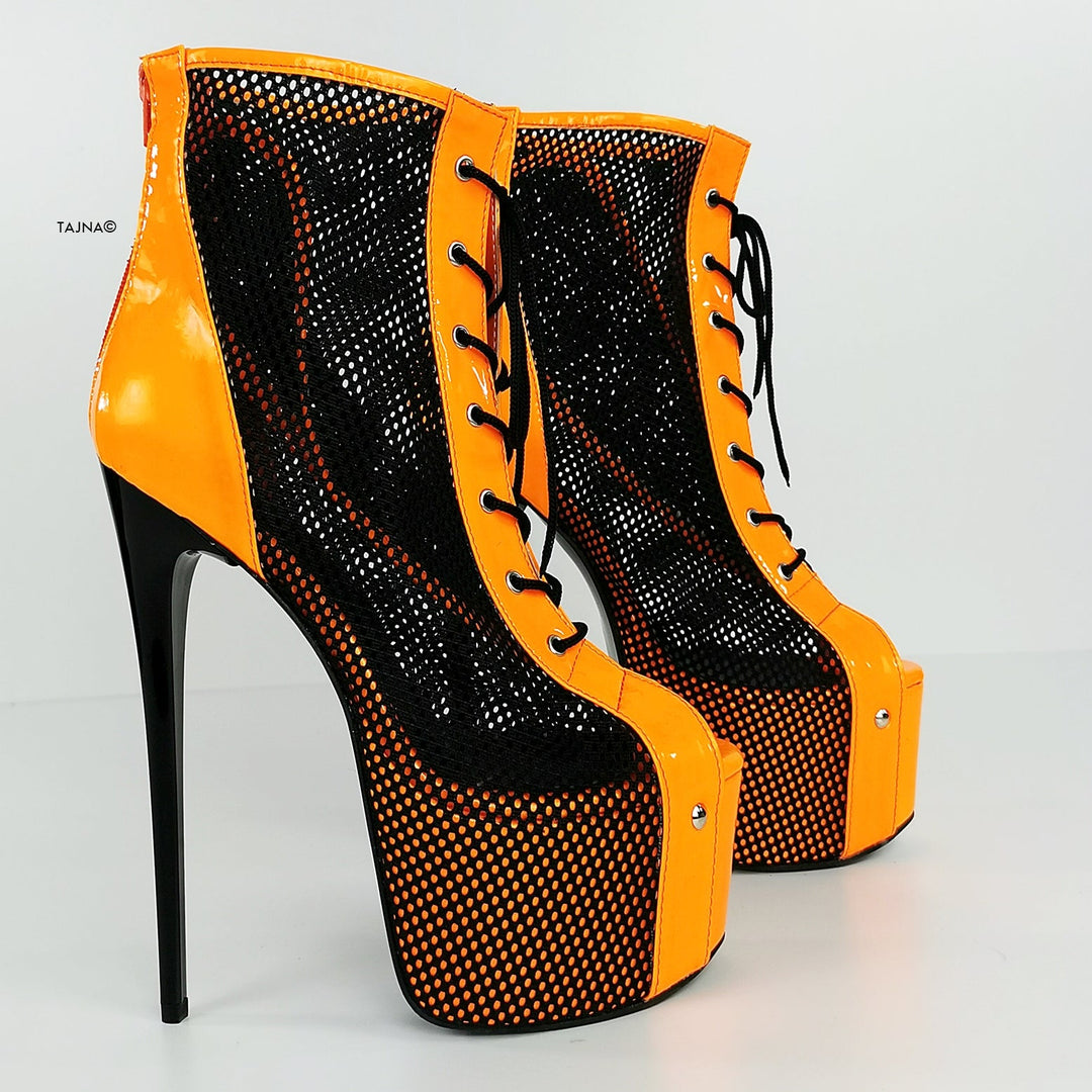 Orange Neon Black Spider Net Lace Up Boots - Tajna Club