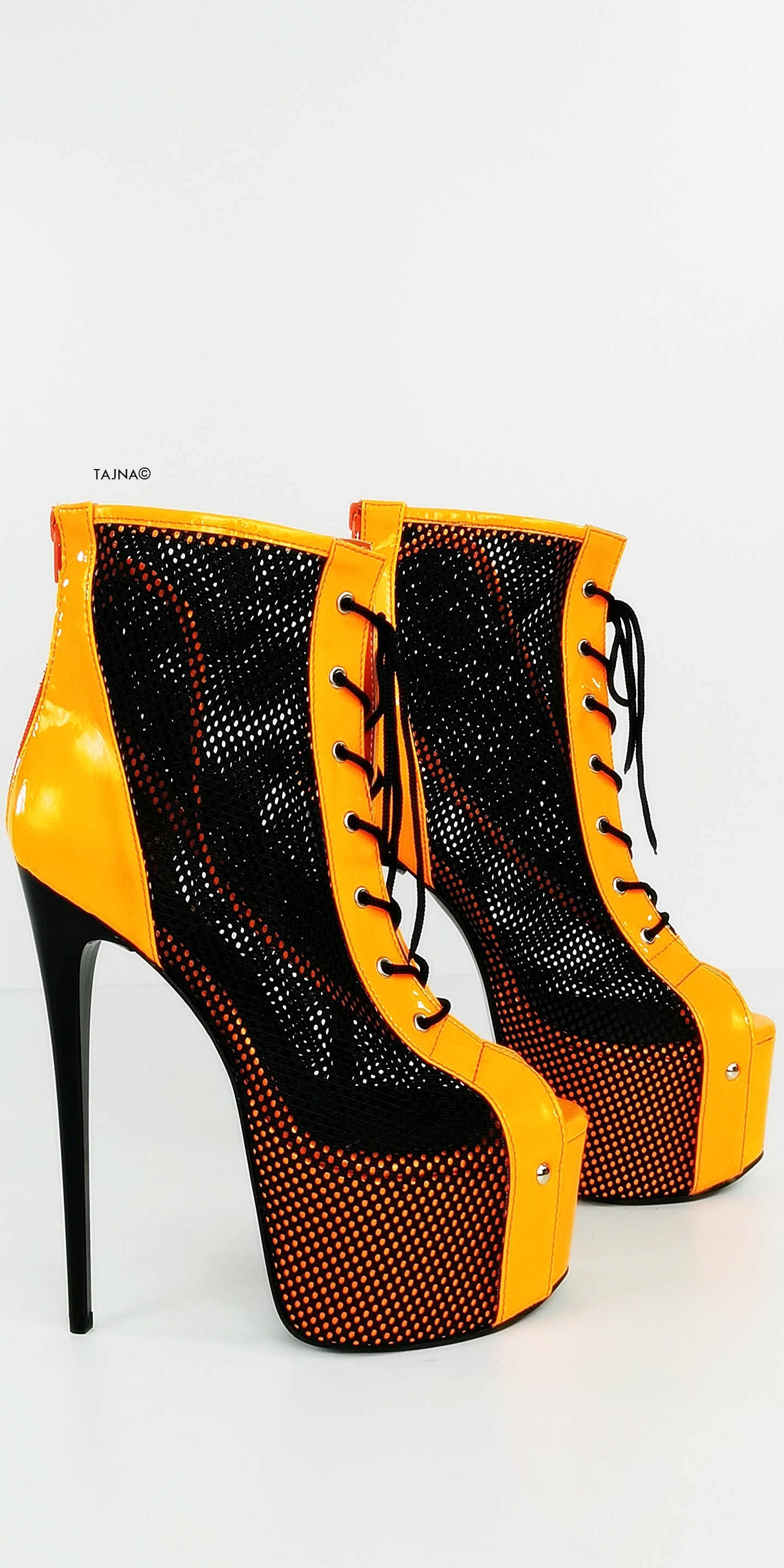 Orange Neon Black Spider Net Lace Up Boots - Tajna Club