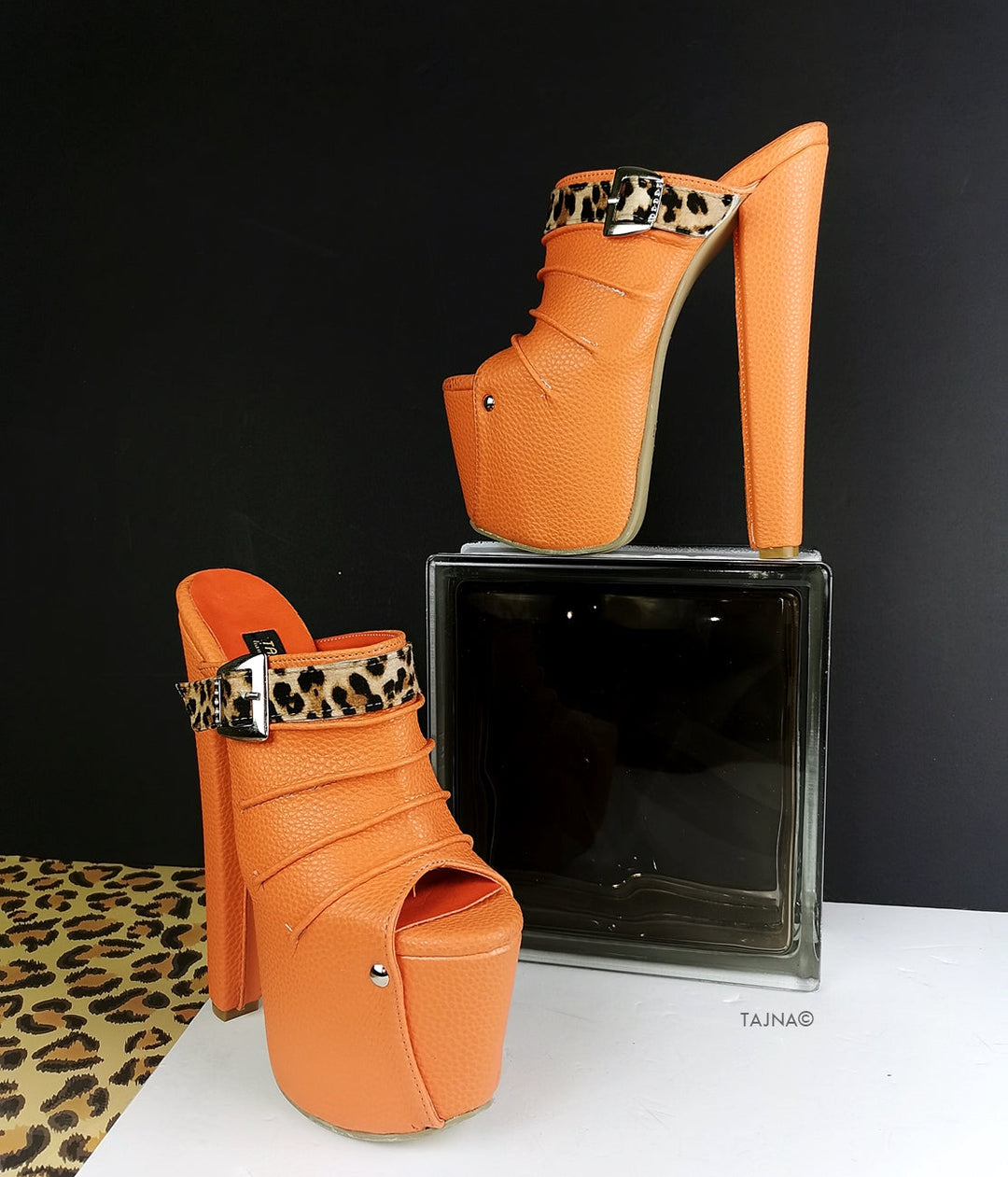Orange Leopard Detail Platform Mules - Tajna Club