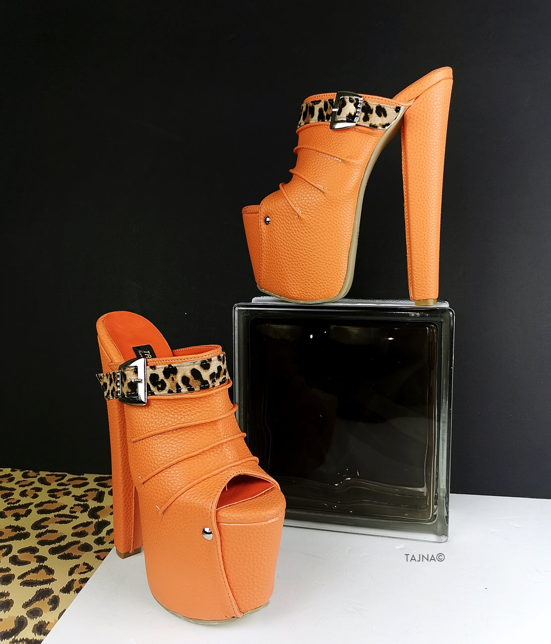Orange Leopard Detail Platform Mules - Tajna Club