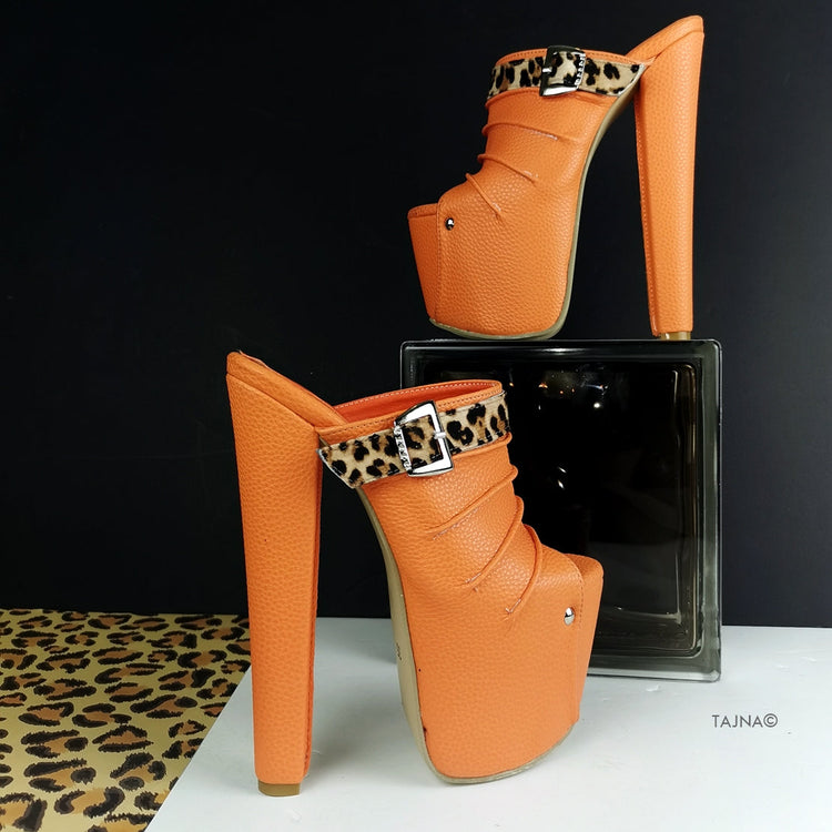 Orange Leopard Detail Platform Mules - Tajna Club
