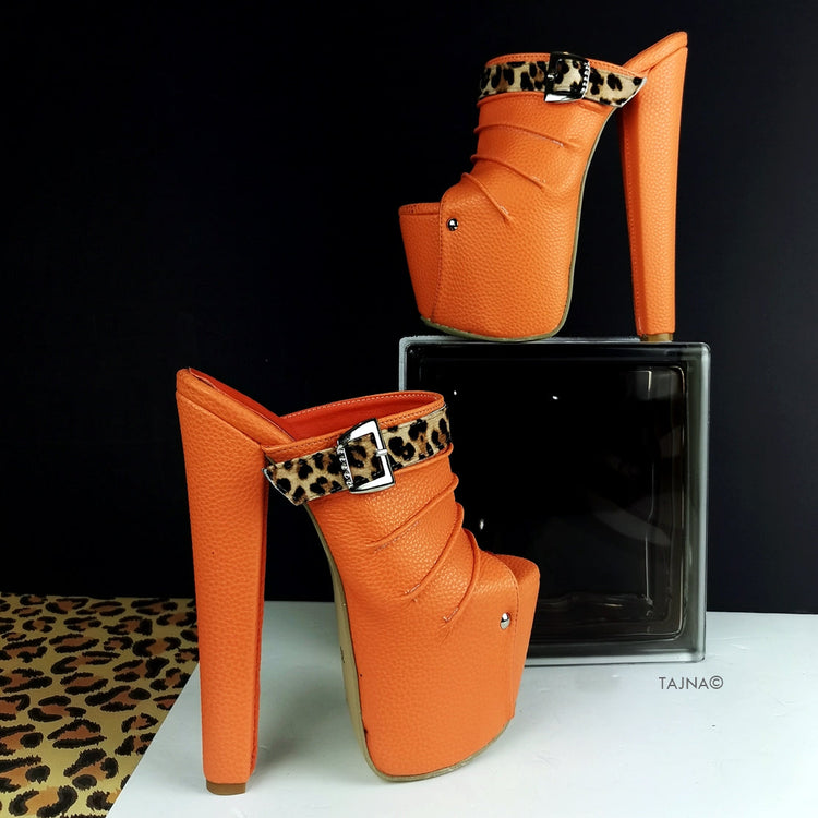 Orange Leopard Detail Platform Mules - Tajna Club