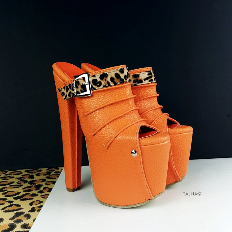 Orange Leopard Detail Platform Mules - Tajna Club
