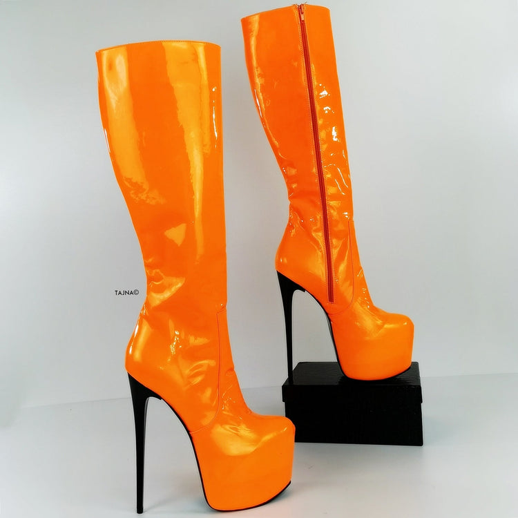 Orange Neon Gloss Mid Calf High Heel Boots - Tajna Club
