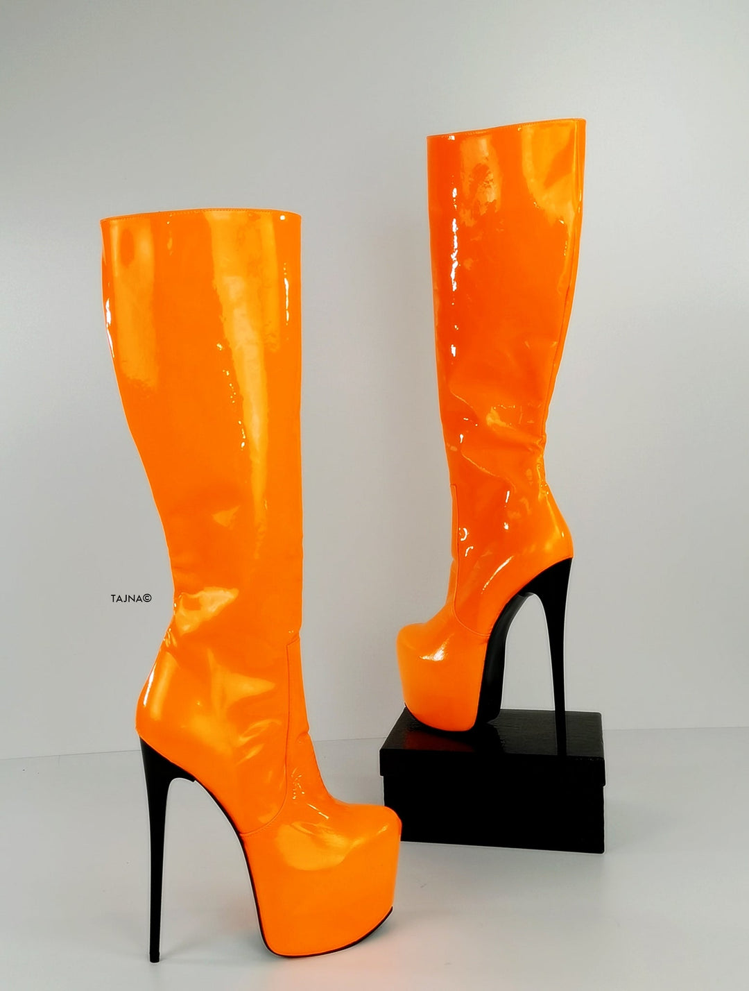 Orange Neon Gloss Mid Calf High Heel Boots - Tajna Club