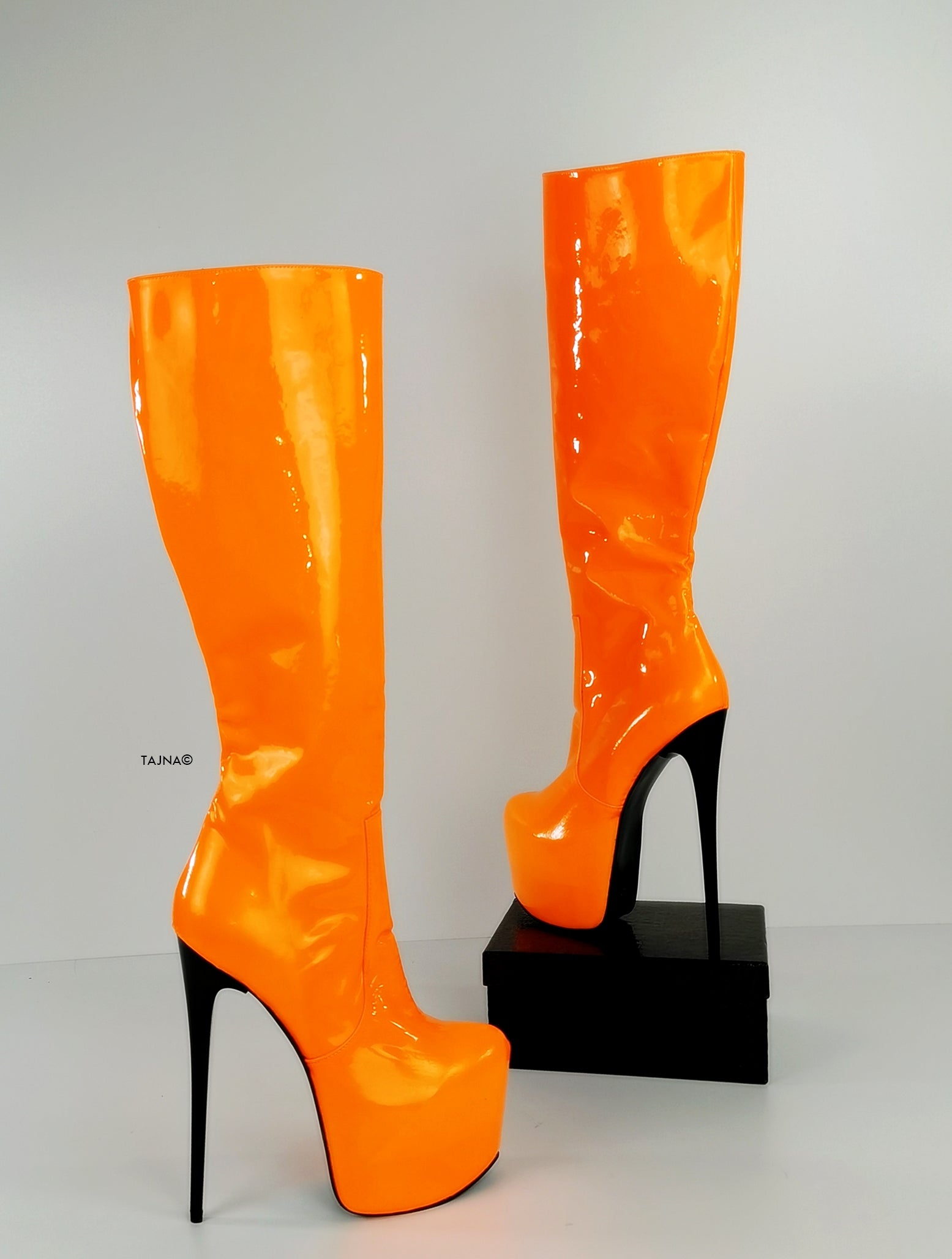 Orange Neon Gloss Mid Calf High Heel Boots - Tajna Club