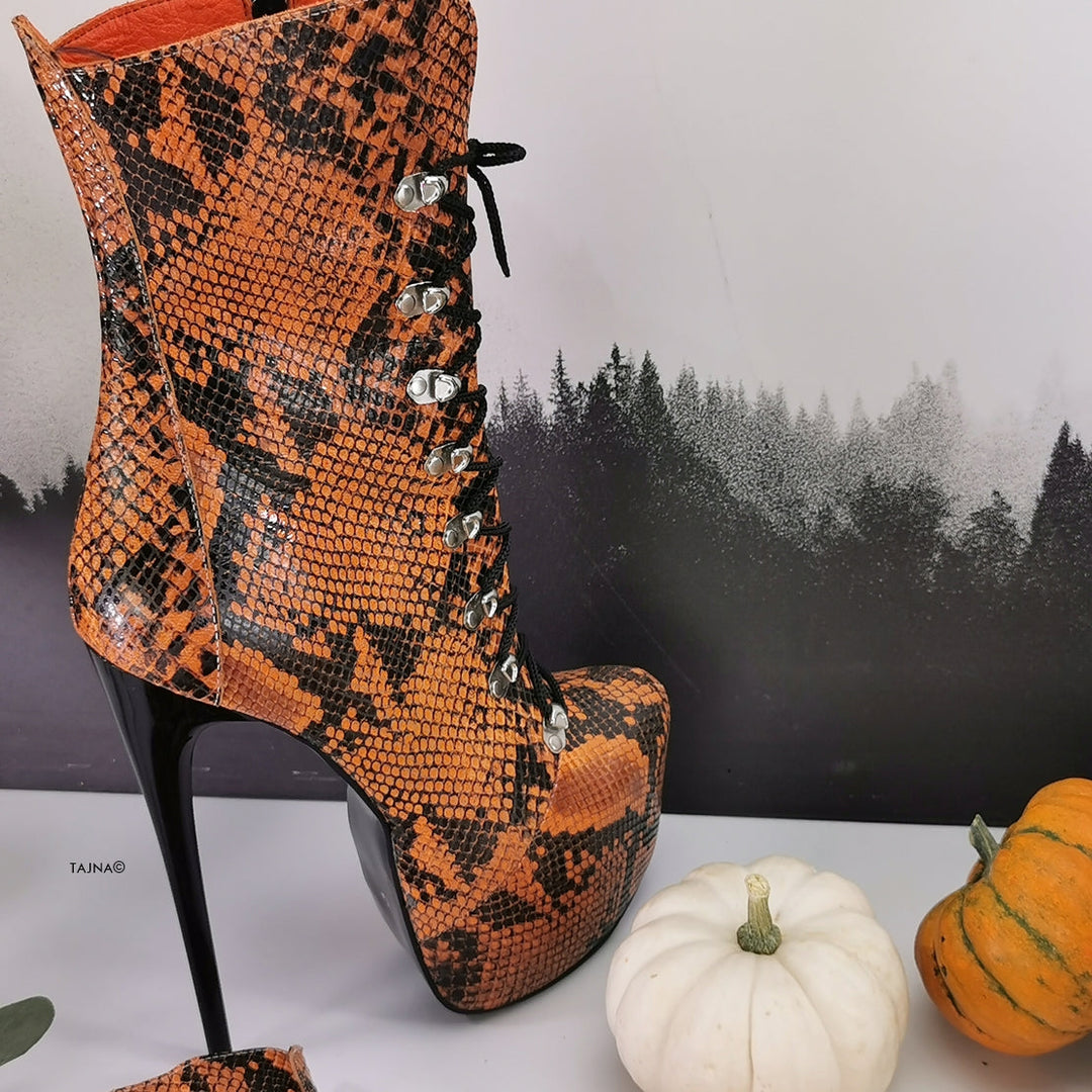 Genunine Leather Orange Black Snake Print Boots - Tajna Club