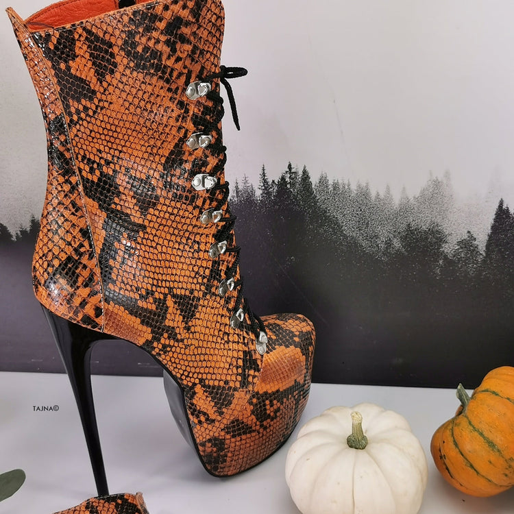Genunine Leather Orange Black Snake Print Boots - Tajna Club