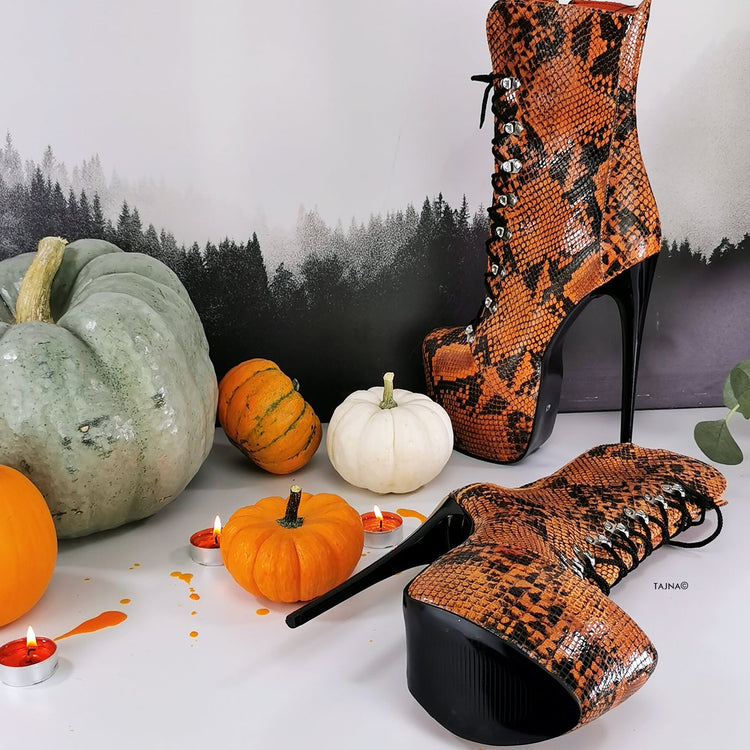 Genunine Leather Orange Black Snake Print Boots - Tajna Club